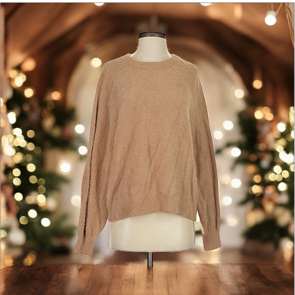 Aerie Women’s Cozy Tan Oversized Soft Fluffy Crewneck Sweater